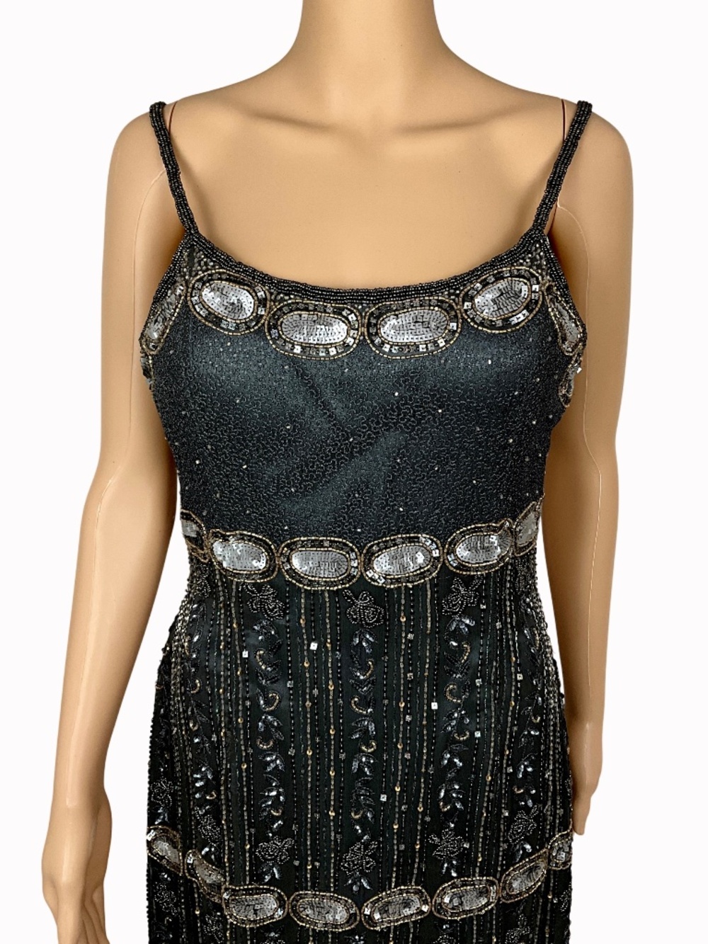 Vintage Papell Boutique Silk Beaded Sequin Cocktail Dress Gray Silver Size 8